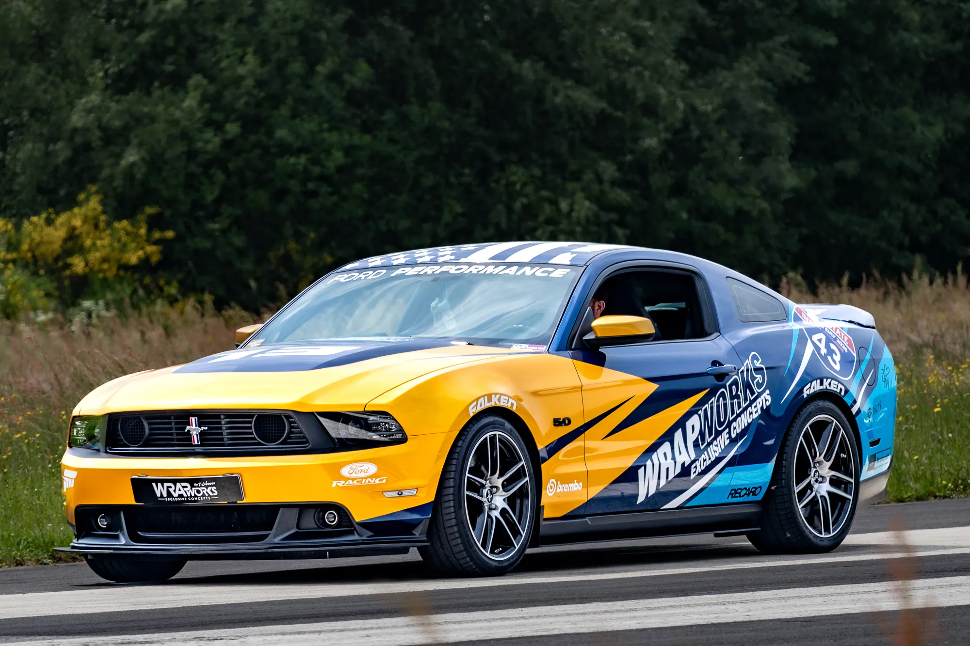 Blauer Dodge Challenger bei Nacht mit leuchtenden Doppel-Rundscheinwerfern und aufgesetztem Plüschtier auf der Motorhaube, Kennzeichen „ODMUSCLEPACK“.