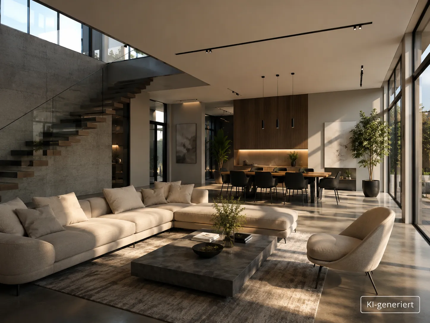 Helles, modernes Wohn- und Loungebereich mit Sofa, Treppe und Esstisch