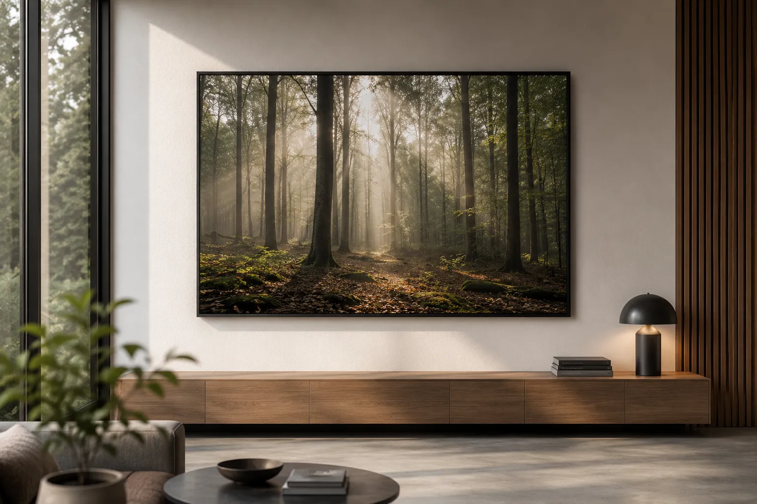 Modernes Wohnzimmer mit großformatiger Wald-Fotografie über einem Sideboard