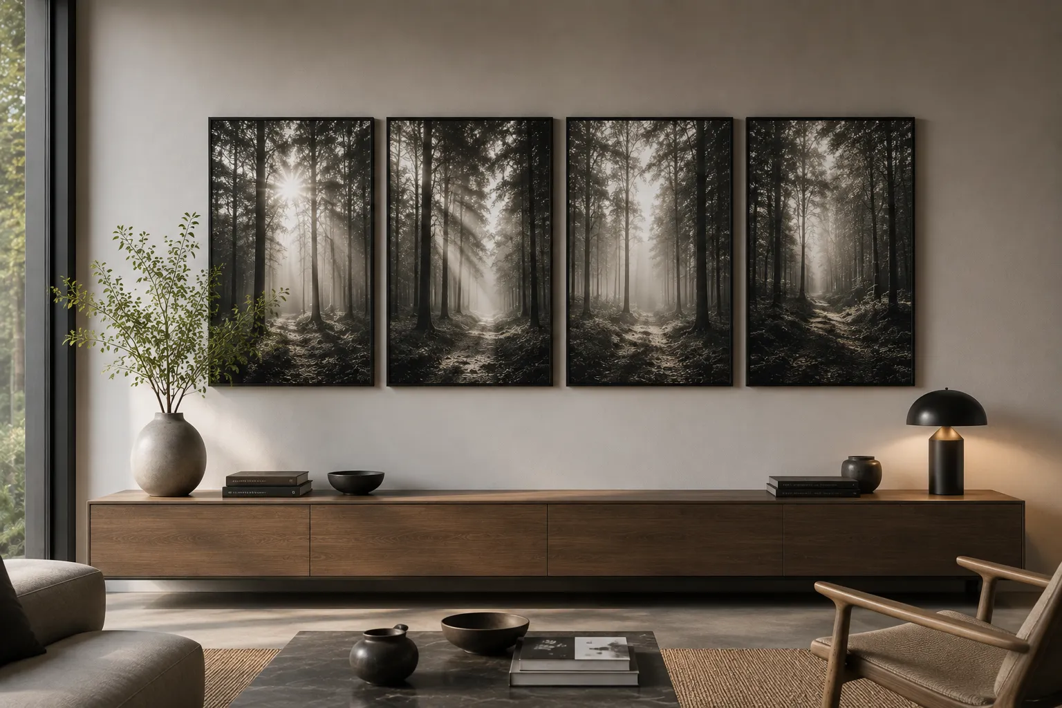 Vierteilige Schwarz-weiß-Bildserie eines Waldmotivs über einem Sideboard